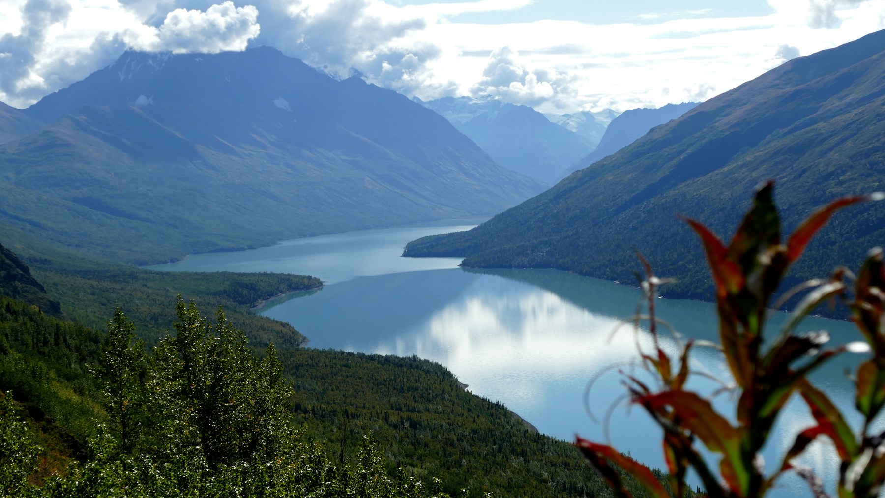 Misty mountains surrounding Eklutna Lake in Alaska